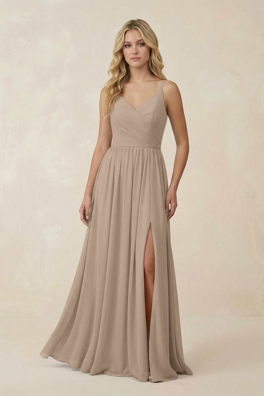 V-Neck Spaghetti Strap A-Line Chiffon Bridesmaid Dress in Almond