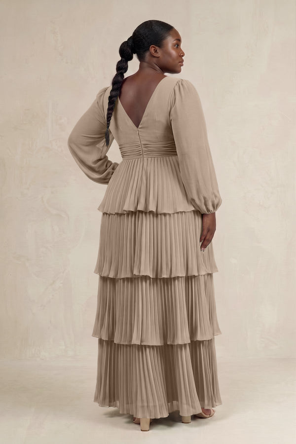 Almond V-Neck Tiered A-Line Long Sleeve Bridesmaid Dress (2) [sizeplus] | KISSBRIDAL