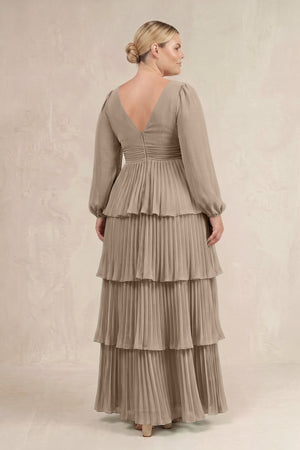 Almond V-Neck Tiered A-Line Long Sleeve Bridesmaid Dress (4) [sizeplus] | KISSBRIDAL