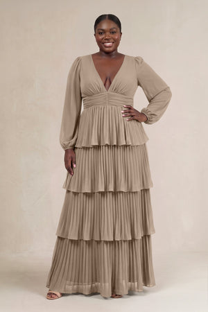 Almond V-Neck Tiered A-Line Long Sleeve Bridesmaid Dress [sizeplus] | KISSBRIDAL