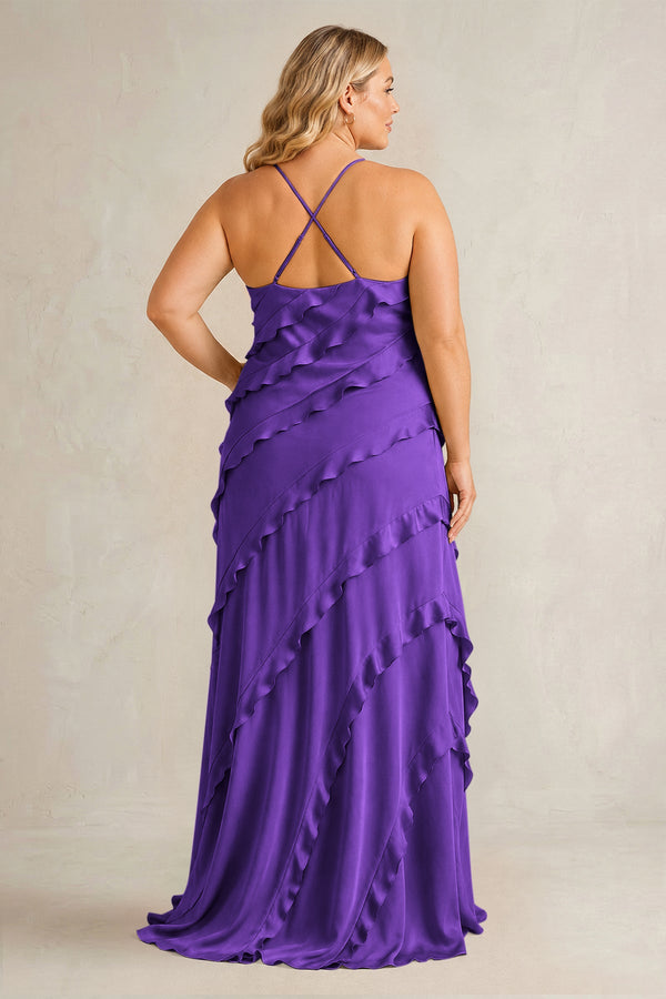 Amethyst Spaghetti Straps Sheath Stain Ruffled Bridesmaid Dress (2) | KISSBRIDAL[sizeplus]