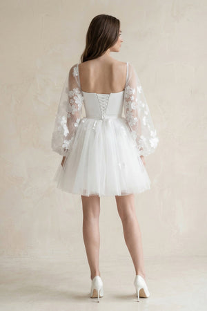 Appliqued A - Line Tulle Strapless Mini Wedding Dress With Sleeves in White - KISS BRIDAL Wedding Dresses