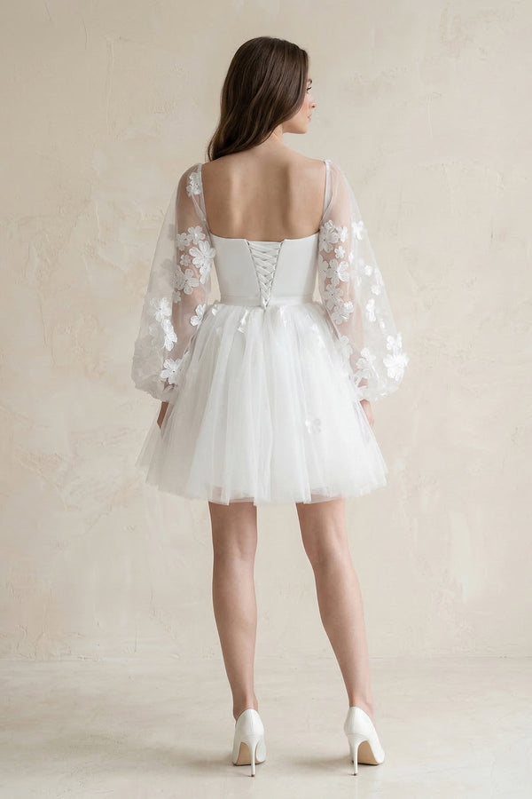 Appliqued A - Line Tulle Strapless Mini Wedding Dress With Sleeves in White - KISS BRIDAL Wedding Dresses