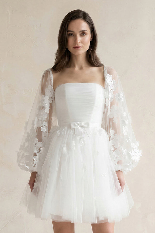 Appliqued A - Line Tulle Strapless Mini Wedding Dress With Sleeves in White - KISS BRIDAL Wedding Dresses