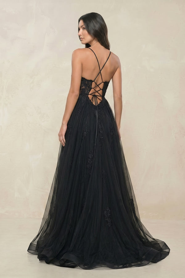 Appliqued A - Line Tulle Sweetheart Wedding Dress with Slit in Black - KISS BRIDAL Wedding Dresses