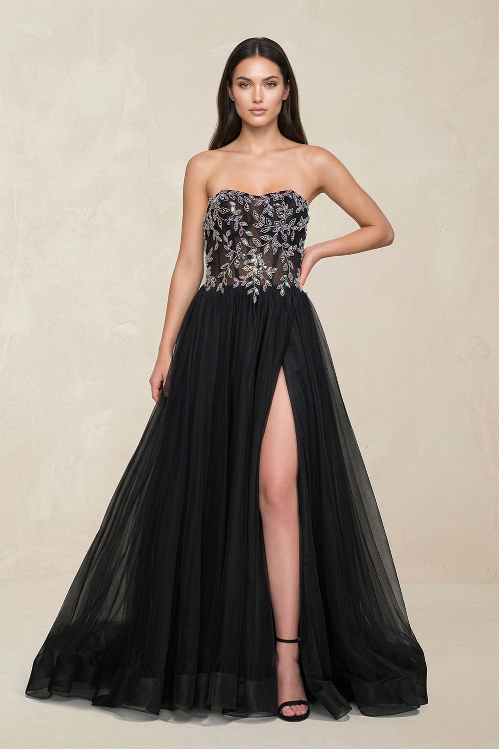 Appliqued Strapless Tulle A-Line Wedding Dress with Slit in Black
