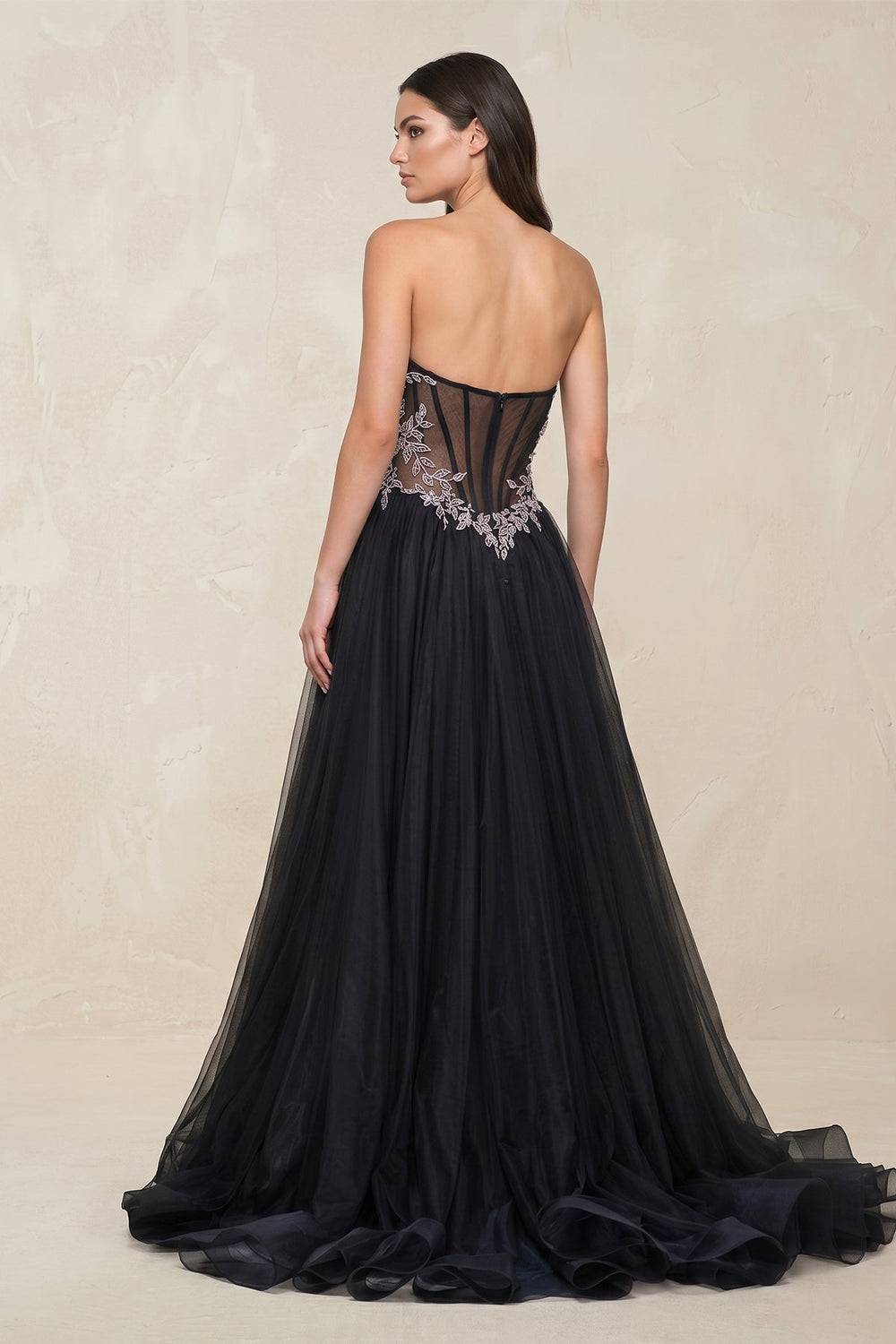 Appliqued Strapless Tulle A-Line Wedding Dress with Slit in Black