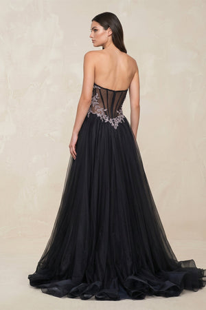 Appliqued Strapless Tulle A - Line Wedding Dress with Slit in Black - KISS BRIDAL Wedding Dresses
