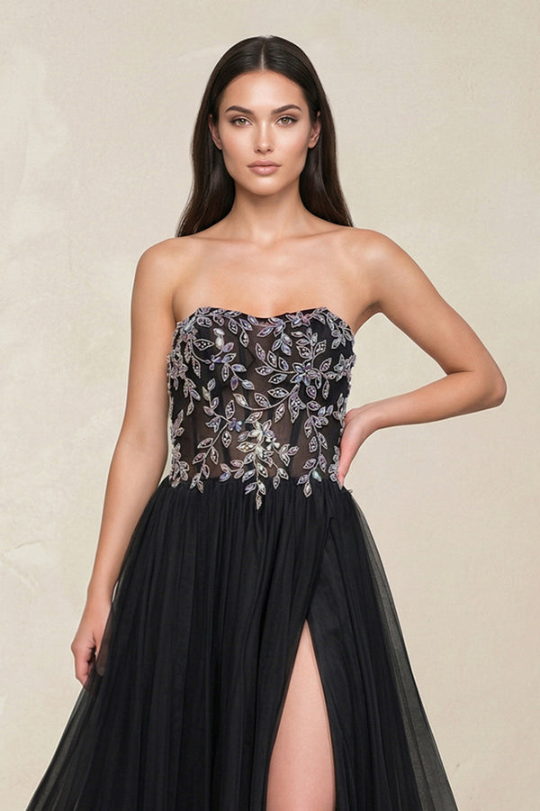 Appliqued Strapless Tulle A - Line Wedding Dress with Slit in Black - KISS BRIDAL Wedding Dresses