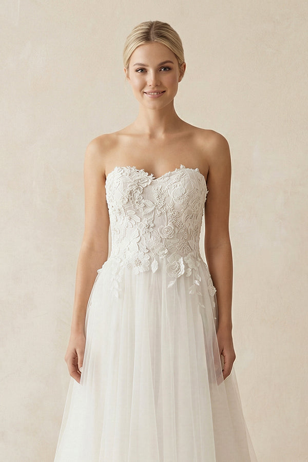 Appliqued Sweetheart A - Line Tulle Wedding Dress in White - KISS BRIDAL Wedding Dresses