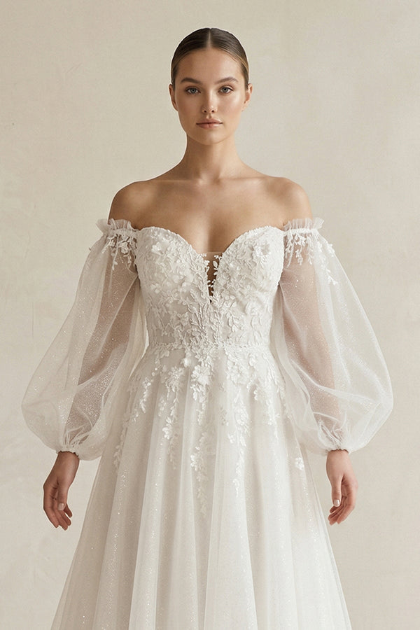 Appliqued Tulle A - Line Off - the Shoulder Wedding Dress With Sleeve in White - KISS BRIDAL Wedding Dresses