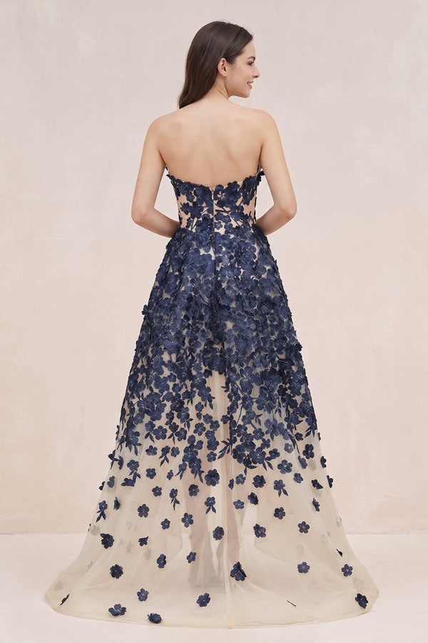 Navy Appliqued Tulle A-Line V-neck Wedding Dress - KISSBRIDAL