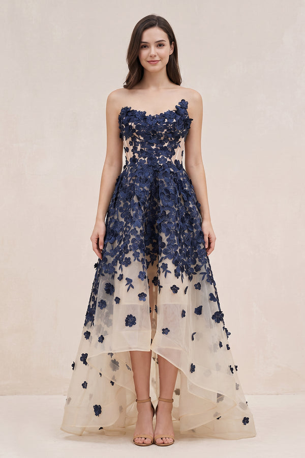 Navy Appliqued Tulle A-Line V-neck Wedding Dress - KISSBRIDAL