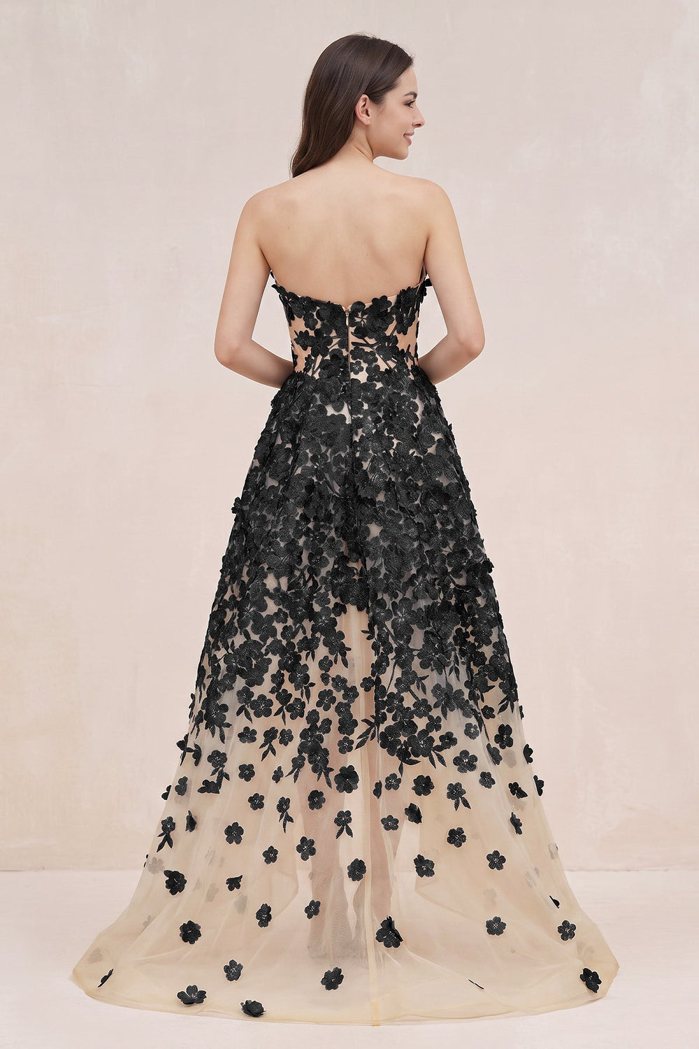 Appliqued Tulle A-Line V-neck Wedding Dress in Black and Nude