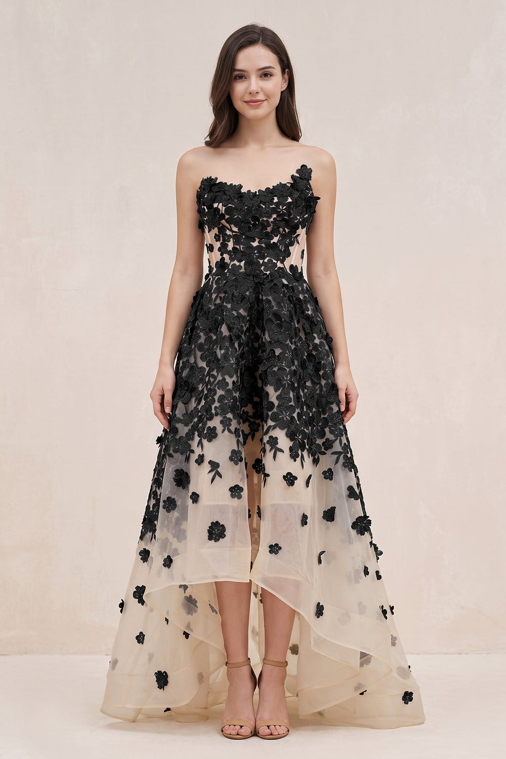 Appliqued Tulle A-Line V-neck Wedding Dress in Black and Nude
