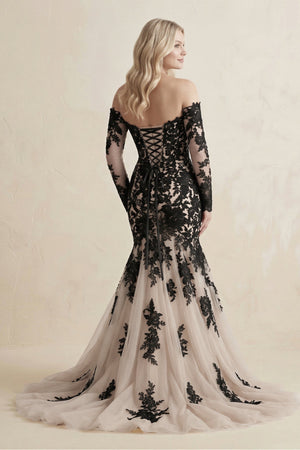 Appliqued Tulle Mermaid Off - the - Shoulder Wedding Dress in Black - KISS BRIDAL Wedding Dresses