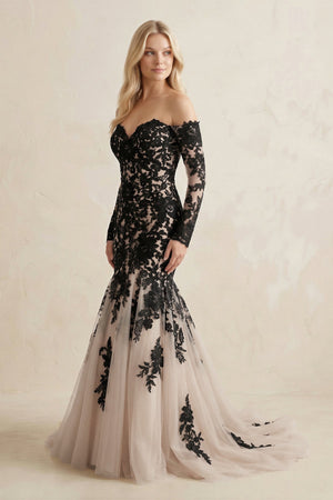 Appliqued Tulle Mermaid Off - the - Shoulder Wedding Dress in Black - KISS BRIDAL Wedding Dresses