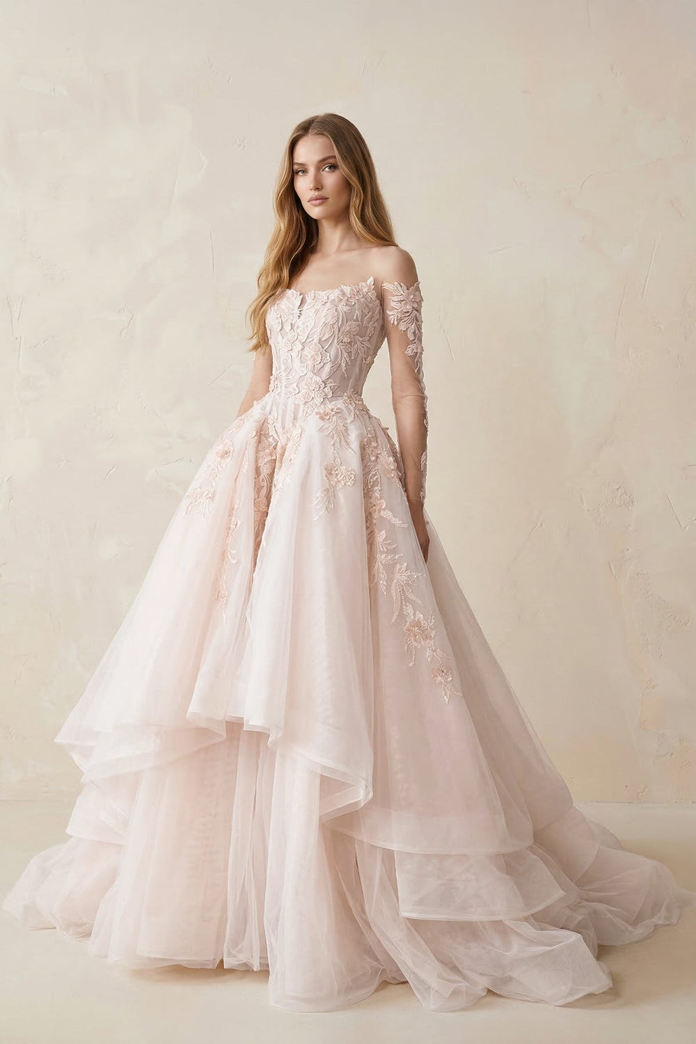 Appliqued Tulle Off-the-Shoulder Ball Gown Wedding Dress