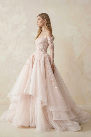 Appliqued Tulle Strapless Ball Gown Wedding Dress - KISS BRIDAL Wedding Dresses