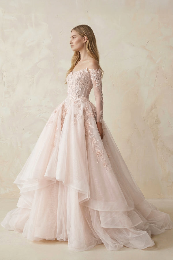Appliqued Tulle Strapless Ball Gown Wedding Dress - KISS BRIDAL Wedding Dresses