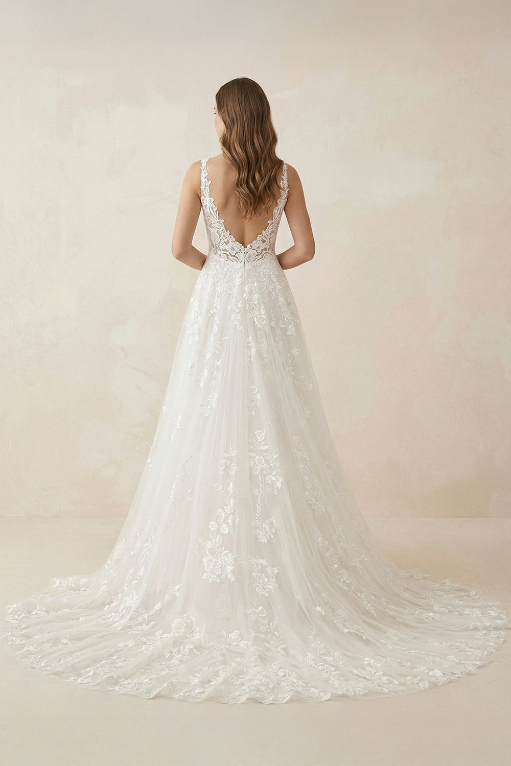 Appliqued V-Neck A-Line Tulle Maxi Wedding Dress in White