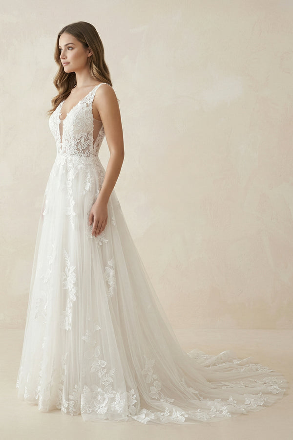 Appliqued V - Neck A - Line Tulle Maxi Wedding Dress in White - KISS BRIDAL Wedding Dresses
