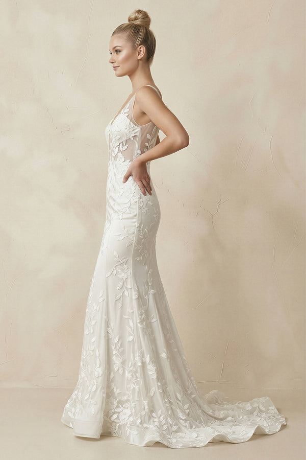 Appliqued V - Neck Mermaid Sheath Wedding Dress in White - KISS BRIDAL Wedding Dresses