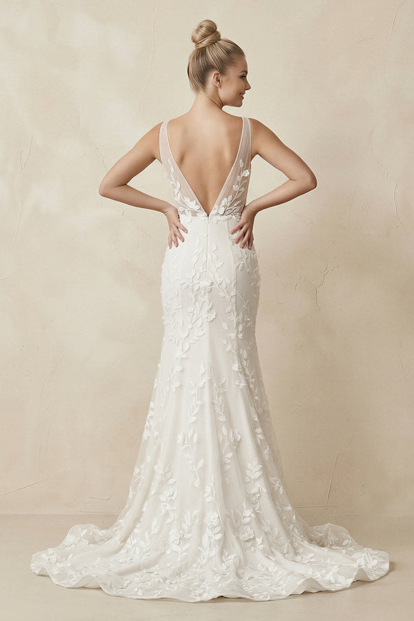 Appliqued V - Neck Mermaid Sheath Wedding Dress in White - KISS BRIDAL Wedding Dresses