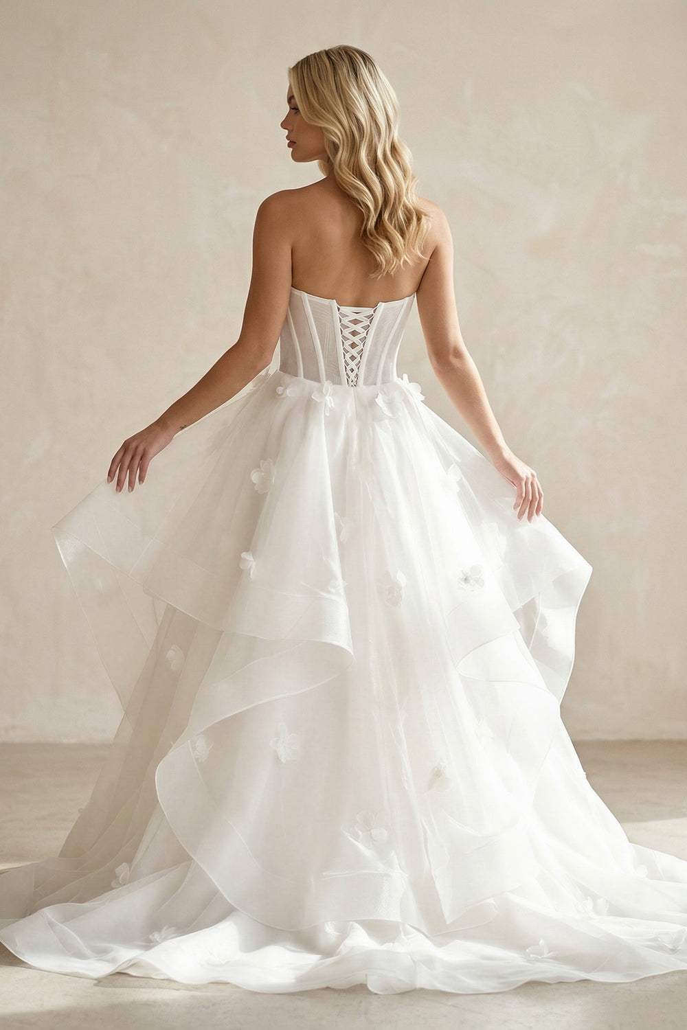 Ball-Gown Strapless Organza Corset Wedding Dress With 3D Floral Appliques in White