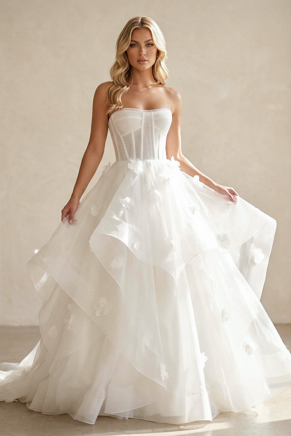 Ball-Gown Strapless Organza Corset Wedding Dress With 3D Floral Appliques in White