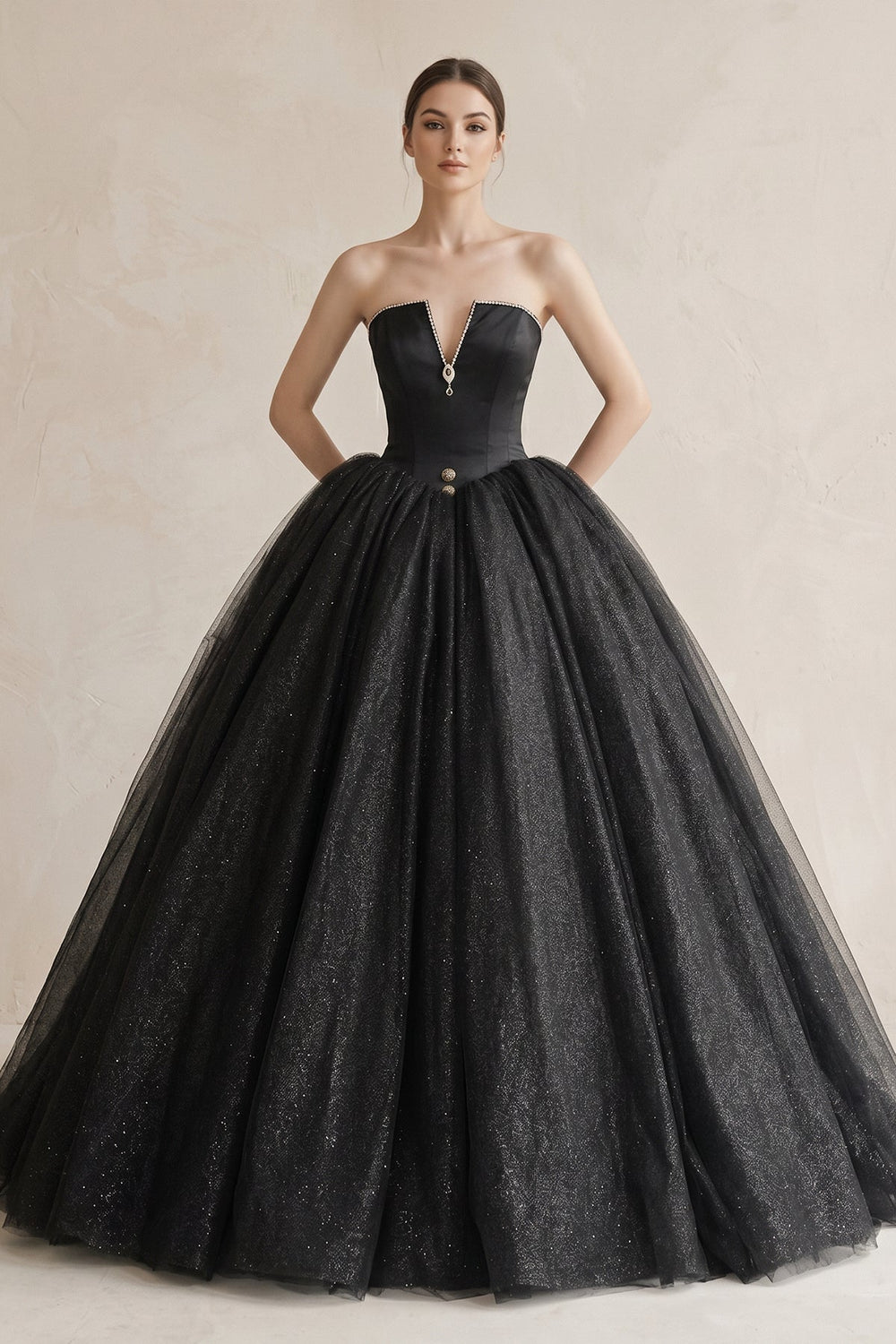 Ball-Gown Tulle Plunging Wedding Dress in Black