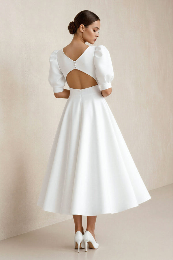 Bateau A Line Satin Midi Wedding Dress in White - KISS BRIDAL Wedding Dresses