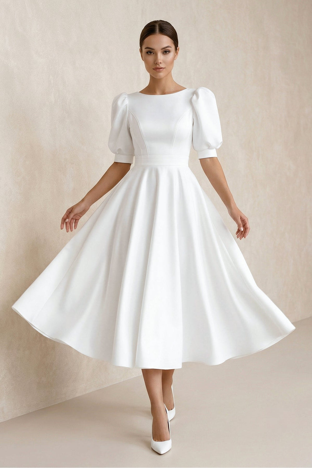 Bateau A Line Satin Midi Wedding Dress in White