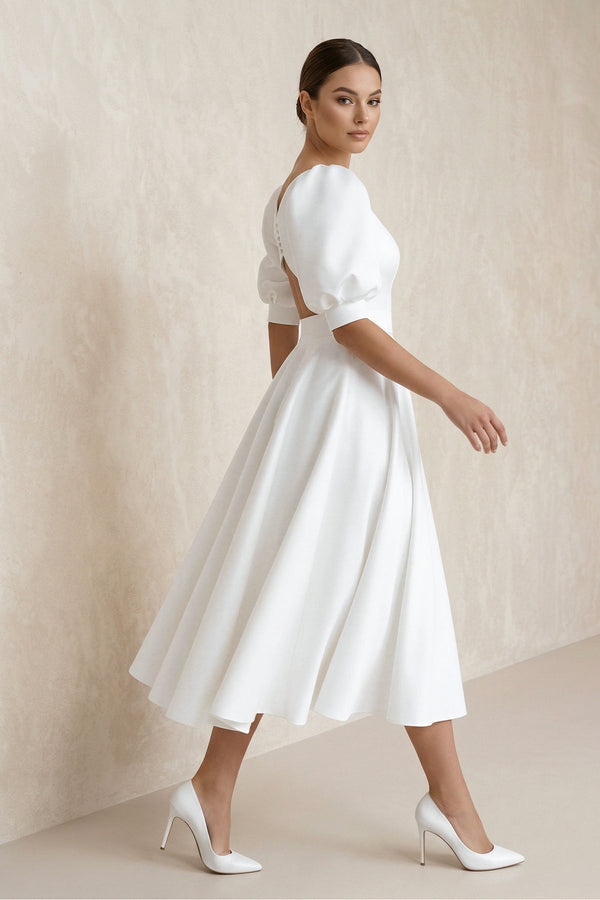 Bateau A Line Satin Midi Wedding Dress in White - KISS BRIDAL Wedding Dresses