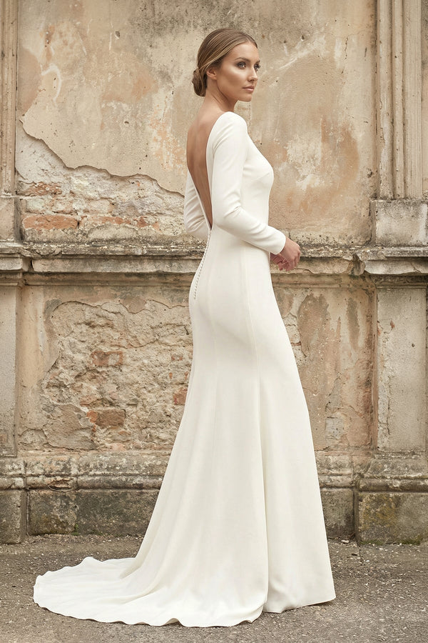 Bateau Long Sleeves Satin Mermaid Wedding Dress in White - KISS BRIDAL Wedding Dresses