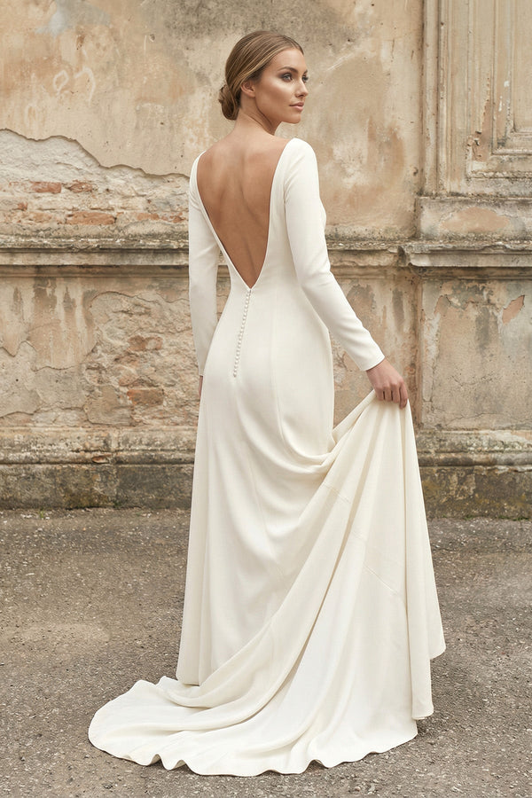 Bateau Long Sleeves Satin Mermaid Wedding Dress in White - KISS BRIDAL Wedding Dresses