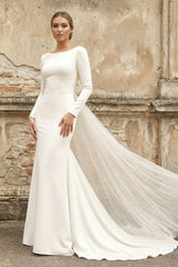 Bateau Long Sleeves Satin Mermaid Wedding Dress in White - KISS BRIDAL Wedding Dresses