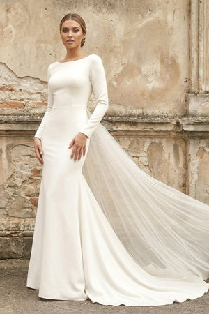 Bateau Long Sleeves Satin Mermaid Wedding Dress in White - KISS BRIDAL Wedding Dresses