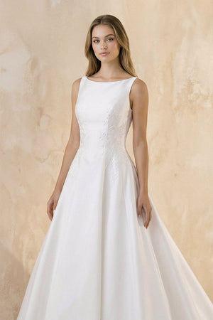 Bateau Neck A - Line Satin Wedding Dress With Keyhole in White - KISS BRIDAL Wedding Dresses