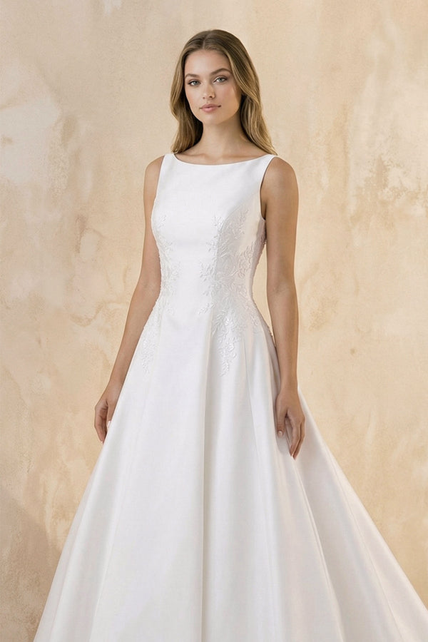 Bateau Neck A - Line Satin Wedding Dress With Keyhole in White - KISS BRIDAL Wedding Dresses