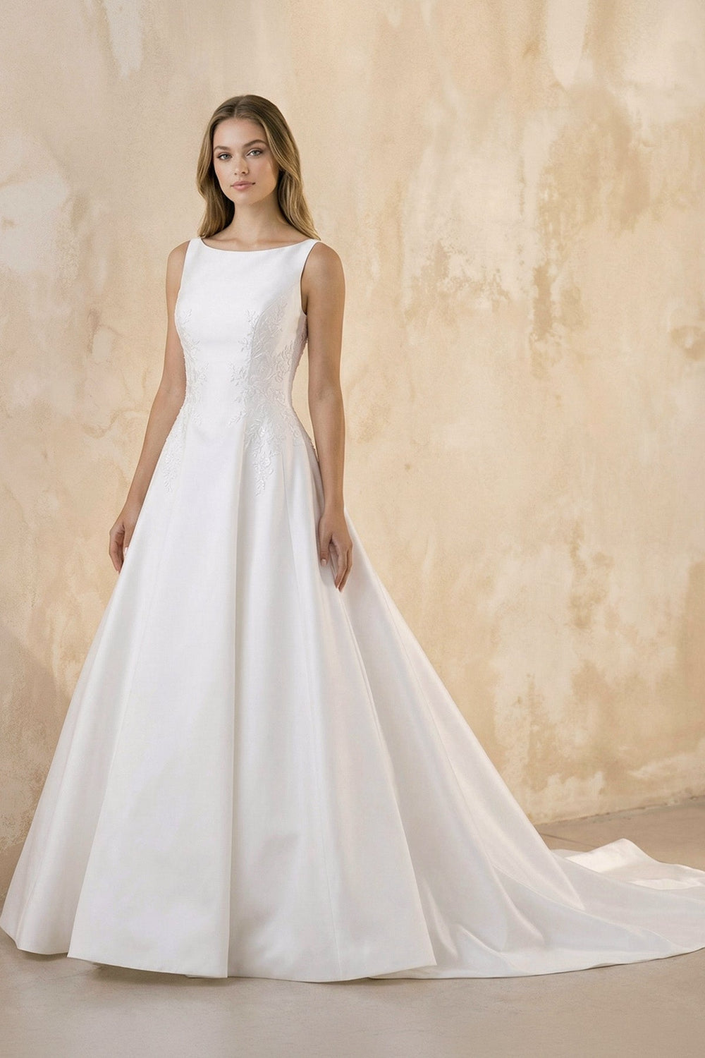 Bateau Neck A-Line Satin Wedding Dress With Keyhole in White