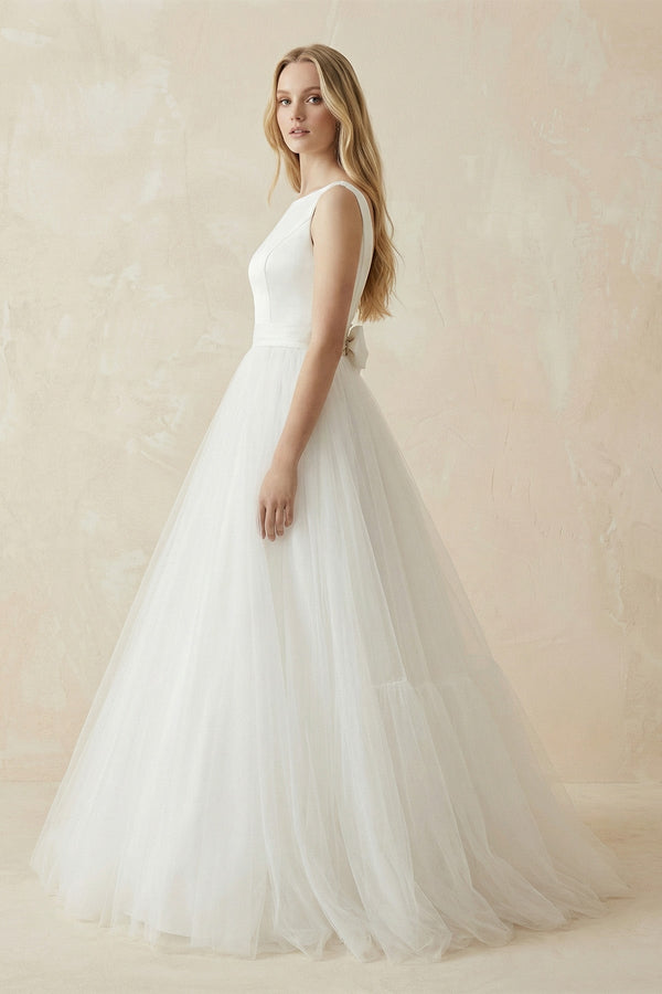 Bateau Neck A - Line Tulle Ruched Wedding Dress in White - KISS BRIDAL Wedding Dresses