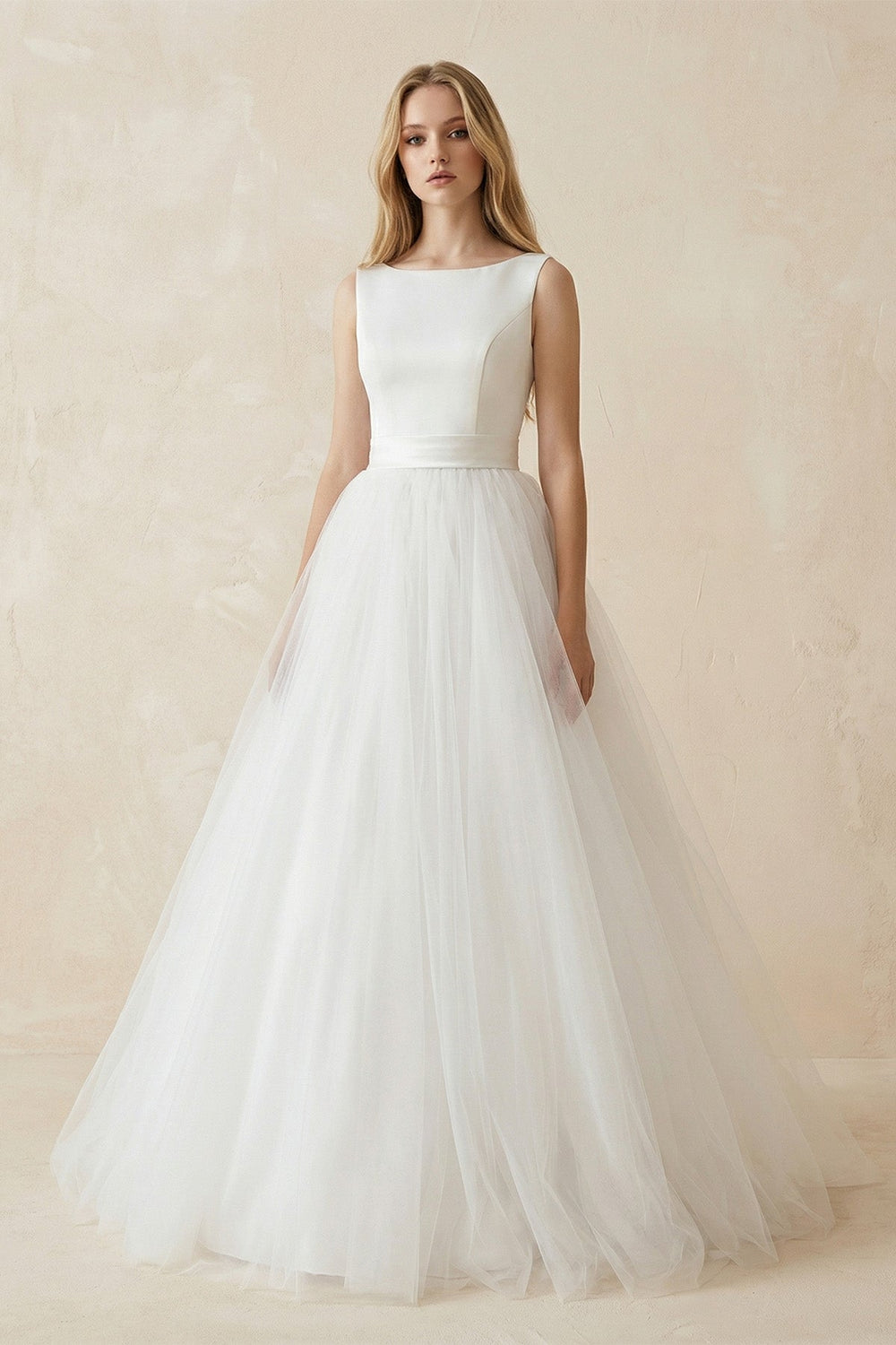 Bateau Neck A-Line Tulle Ruched Wedding Dress in White