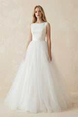 Bateau Neck A - Line Tulle Ruched Wedding Dress in White - KISS BRIDAL Wedding Dresses