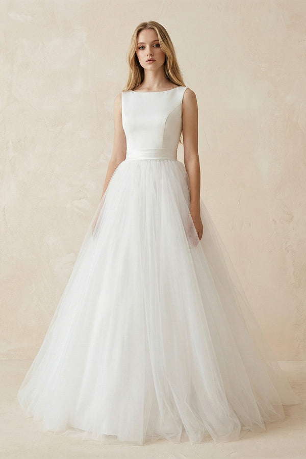 Bateau Neck A - Line Tulle Ruched Wedding Dress in White - KISS BRIDAL Wedding Dresses