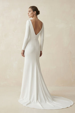 Bateau Neck Mermaid Long Sleeve Wedding Dress in White - KISS BRIDAL Wedding Dresses