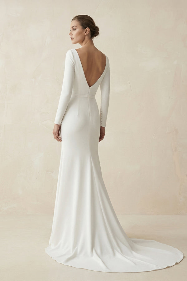 Bateau Neck Mermaid Long Sleeve Wedding Dress in White - KISS BRIDAL Wedding Dresses