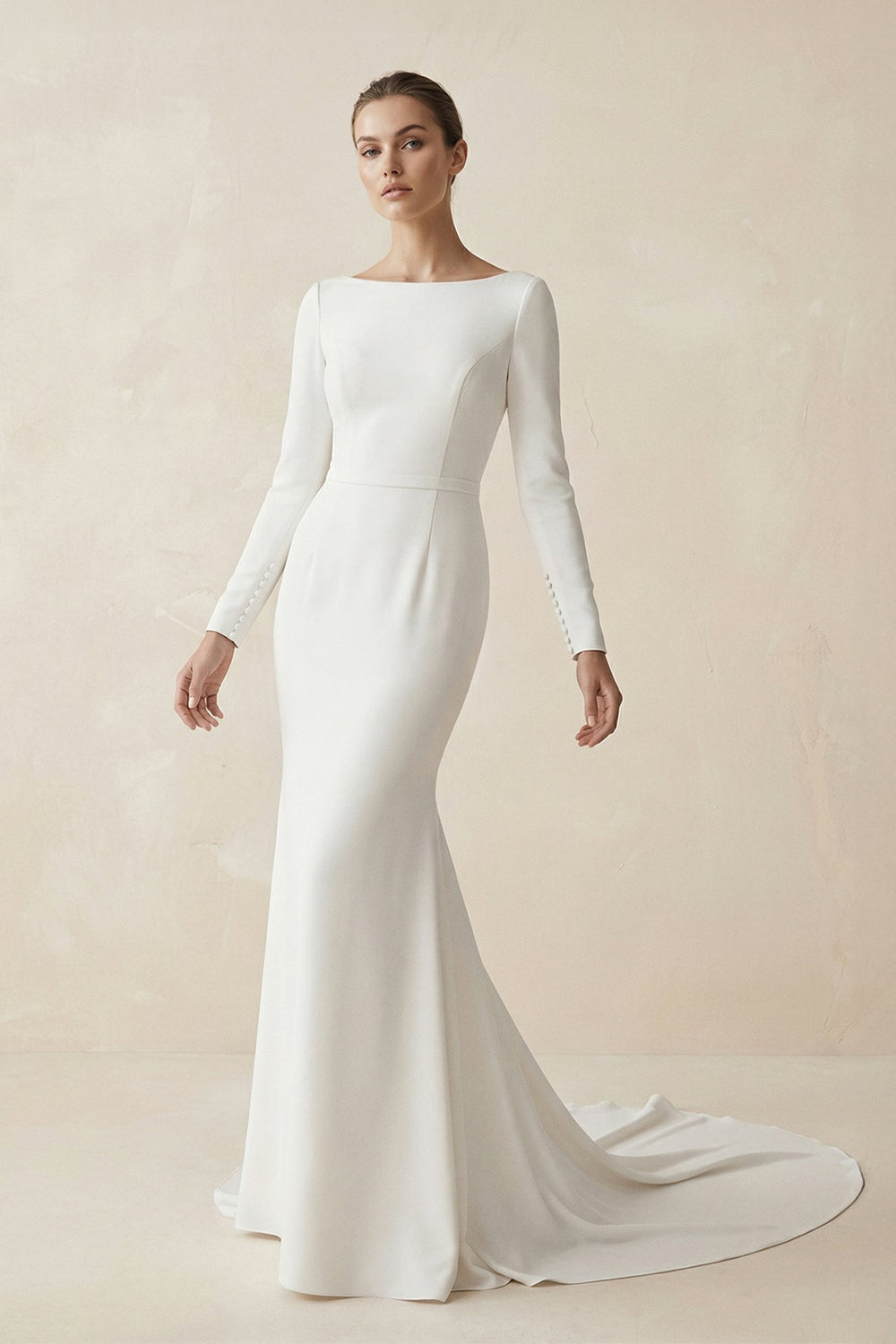 Bateau Neck Mermaid Long Sleeve Wedding Dress in White