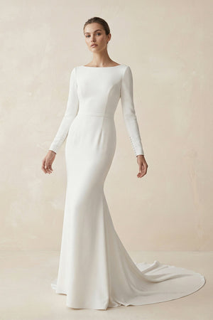 Bateau Neck Mermaid Long Sleeve Wedding Dress in White - KISS BRIDAL Wedding Dresses