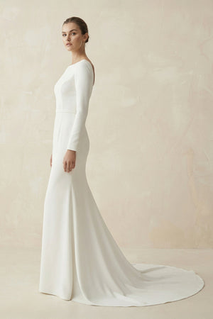 Bateau Neck Mermaid Long Sleeve Wedding Dress in White - KISS BRIDAL Wedding Dresses